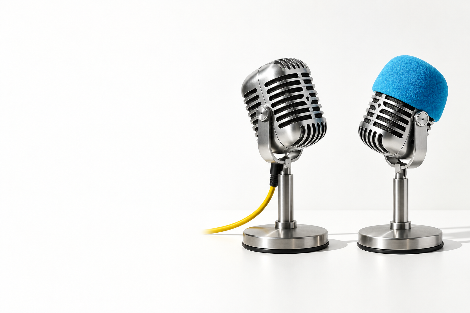 Two chrome microphones facing each other, one with a blue windscreen